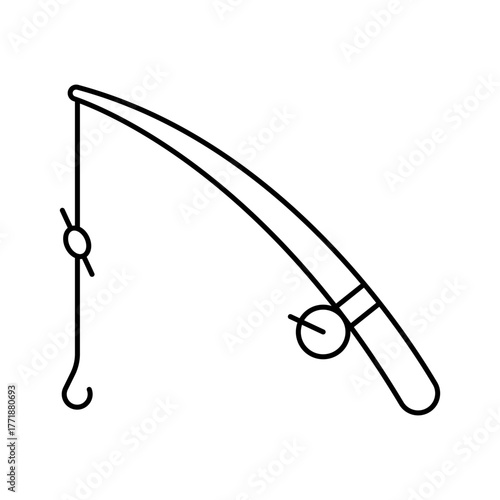 Fishing rod and reel icon. Black outline line silhouette. Editable strokes. Side view. Vector simple flat graphic illustration. Isolated object on a white background.