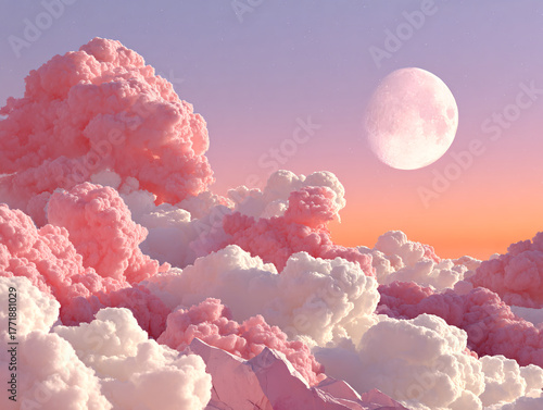 a surreal, ethereal scene with fluffy, pink and white clouds covering the landscape. The sky is clear, and a large, pale pink moon hangs in the background