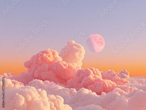 a surreal, ethereal scene with fluffy, pink and white clouds covering the landscape. The sky is clear, and a large, pale pink moon hangs in the background