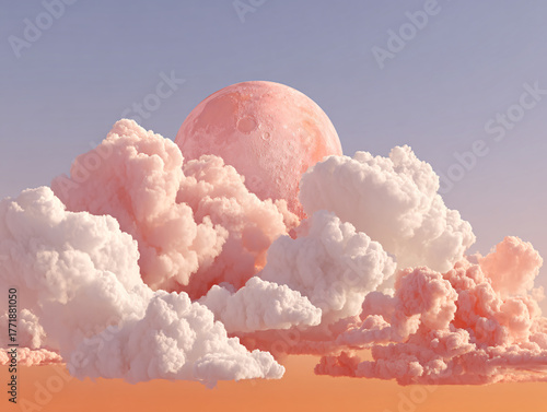 a surreal, ethereal scene with fluffy, pink and white clouds covering the landscape. The sky is clear, and a large, pale pink moon hangs in the background