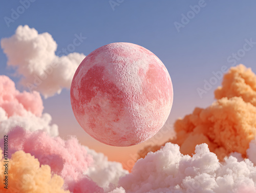 a surreal, ethereal scene with fluffy, pink and white clouds covering the landscape. The sky is clear, and a large, pale pink moon hangs in the background