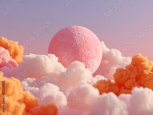 a surreal, ethereal scene with fluffy, pink and white clouds covering the landscape. The sky is clear, and a large, pale pink moon hangs in the background
