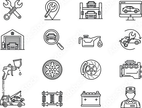 Auto repair and maintenance icons set, car service outline vector, mechanic tools, diagnostics, oil change, garage, and engine symbols