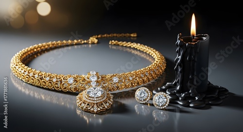 Dark Luxury: Diamond Jewelry with Black Dripping Candle