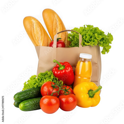 3d grocery bag full of fresh produce isolated on transparent background