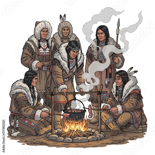 A group of indigenous individuals in thick furs gathers around a campfire to cook.