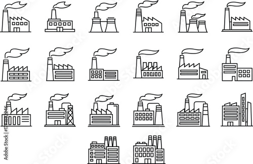 Industrial factory icons set, manufacturing plant symbols collection, pollution industry outline design, energy production buildings, power station vector illustration