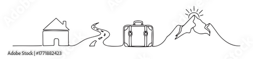 Minimalist one-line art of journey from home to mountain summit with suitcase — ideal for travel, goal setting, motivation and personal growth content.