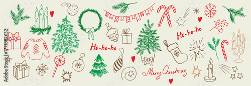 Hand drawn Christmas doodle set with festive elements and decorations