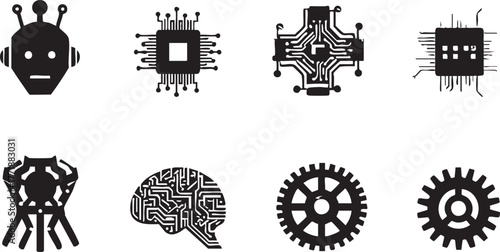 Modern technology icons set featuring robotics, circuits, and mechanical engineering elements.