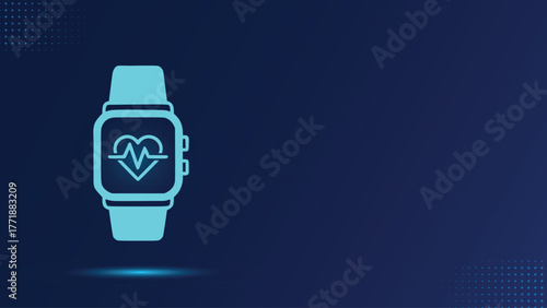 Glowing blue smartwatch icon displaying an ECG heartbeat monitor on a modern dark blue background with digital dot patterns. Ideal for concepts related to fitness tracking and digital health.