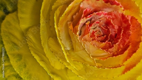 Vibrant Yellow and Red Ornamental Cabbage Flower (brassica oleracea) Macro