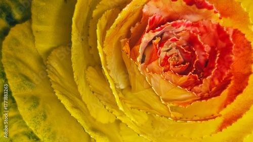 Vibrant Yellow and Red Ornamental Cabbage Flower (brassica oleracea) Macro