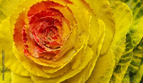 Vibrant Yellow and Red Ornamental Cabbage Flower Macro
