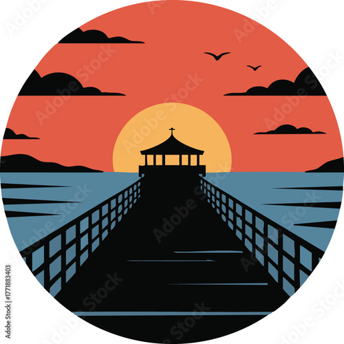 Dramatic sunset over a coastal pier with silhouetted structure and birds in flight.