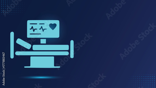 Modern medical illustration featuring a glowing cyan icon of a hospital bed and a critical care ECG monitor. Ideal background for telemedicine, digital health, emergency services, and vital signs