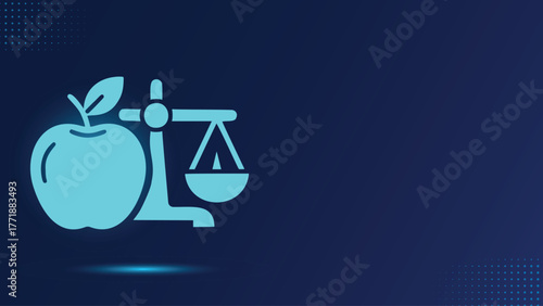 Modern digital illustration featuring a glowing cyan icon of an apple weighted against a balance scale on a deep blue background. Symbolizing health balance, diet planning, and nutritional choices.