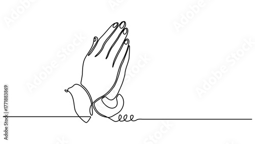 One line drawing praying hand worship religious vector illustration template design, Minimalist continuous one line drawing of praying hands, Hand in Praying position, Editable outline.