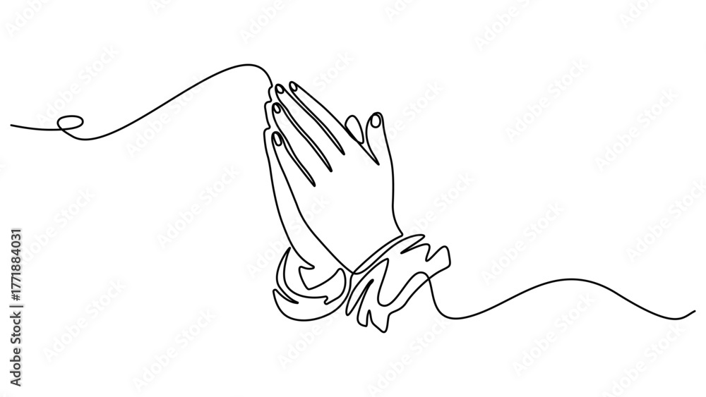 Obraz premium One line drawing praying hand worship religious vector illustration template design, Minimalist continuous one line drawing of praying hands, Hand in Praying position, Editable outline.