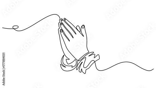 One line drawing praying hand worship religious vector illustration template design, Minimalist continuous one line drawing of praying hands, Hand in Praying position, Editable outline.