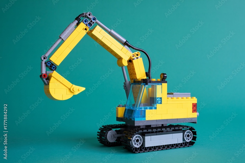 Fototapeta premium Yellow lego excavator toy construction vehicle on green background studio shot