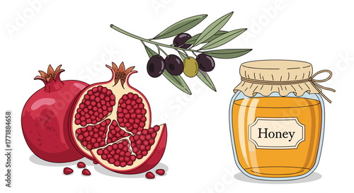 Vector  illustration of pomegranates, olives on a branch, and a jar of honey with a label on it