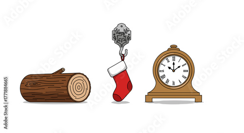 Vector  illustration of a log, christmas stocking hanging from a hook, and a clock on a plain surface