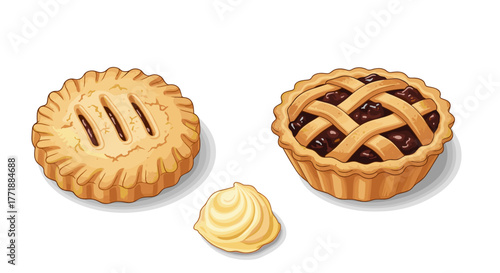 Vector  illustration of two small pies and a pastry with a cream swirl on a simple surface