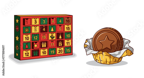 Vector  illustration showing a christmas advent calendar and a chocolate coin in a basket wrap