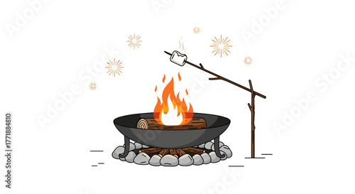 Vector  a campfire with burning logs in a metal bowl and a marshmallow on a stick over the flames shown