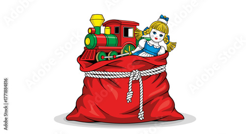Vector  a red sack filled with a toy train and a doll with blonde pigtails and a blue dress peeking out