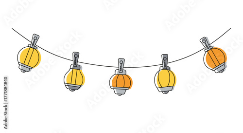 Vector  a string of decorative lights hanging with clothespins, featuring yellow and orange hues and outlines
