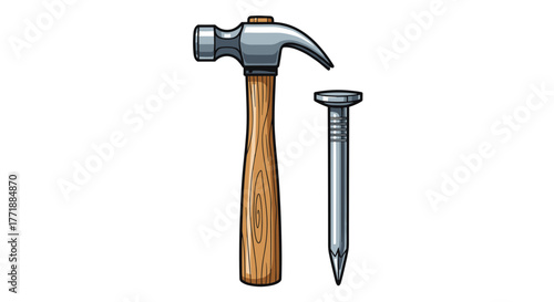 Vector  illustration showcasing a hammer with a wooden handle and a metal nail standing upright nearby it