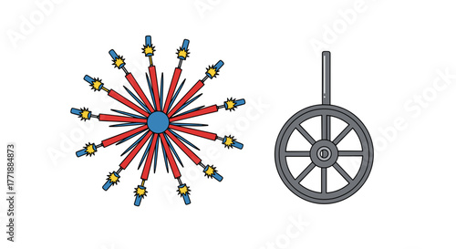 Vector  illustration depicting a colorful radial design and a simple gray wheel with a handle design