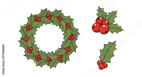 Vector  illustration of a holly wreath with berries and separate holly sprigs with red berries