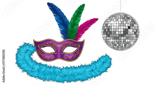 Vector  festive scene with a feathered mask, boa, and a disco ball hanging from above view detail