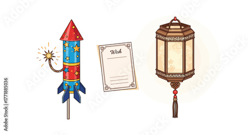 Vector  illustration of a rocket with stars, a wish list card, and a hanging decorative lantern