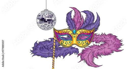 Vector  a festive scene featuring a disco ball, a feathered mask, and purple feather decorations around it