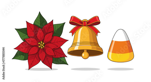 Vector  illustration of a poinsettia flower, a gold bell with a red bow, and a candy corn piece