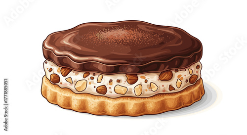 Vector  illustration of a layered dessert with chocolate topping and almond filling on a pastry base