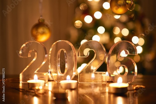 Elegant 2026 New Year's Eve celebration with glowing candles, festive ornaments, and soft bokeh lights creating a warm holiday ambiance
