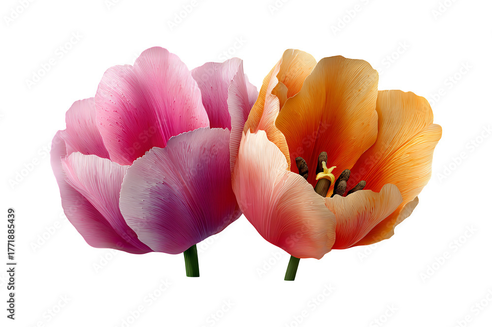 Naklejka premium Two vibrant tulip blossoms a soft pink and a warm orange showcasing delicate petals and intricate details in a studio portrait composition isolated on transparent background