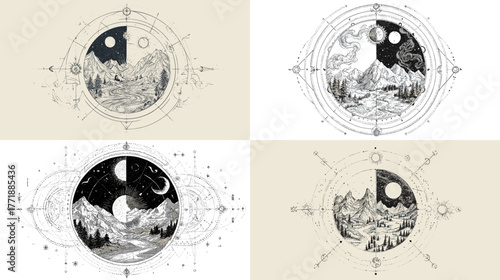 Mystical mountain landscape with moon and stars inside geometric mandala circle. Minimalist black and white line art perfect for tattoo, poster, or boho wall decor.