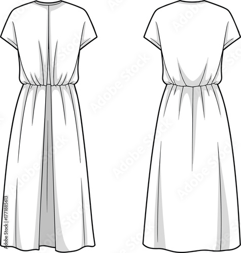 Dress flat sketch, fashion technical drawing, cinched waist gown, short sleeve dress, long flowing skirt, apparel template, front and back view, vector outline