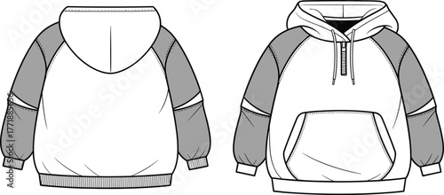 Contrast raglan hoodie design, partial zipper fashion sketch, kangaroo pocket detail, casual sporty apparel illustration, stylish garment drawing, technical flat clothing template