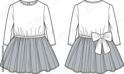 Girl’s long sleeve bow back dress, fitted bodice fashion design, gathered skirt silhouette, children’s apparel sketch, stylish garment illustration, technical flat drawing