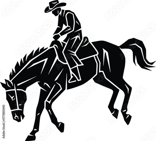 Black and White Stylized Silhouette of a Rodeo Cowboy Riding a Bronc Horse in Action, Equestrian Sports, and Wild Animal Strength.
