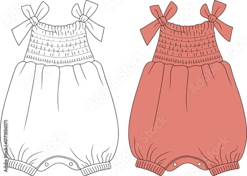 Baby romper technical flat sketch, sleeveless infant outfit with bow straps and smocked bodice, vector fashion design illustration for kidswear