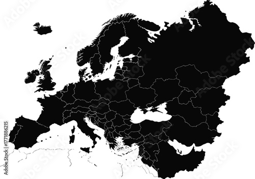Black and white political map of Europe and Asia vector illustration, detailed country borders silhouette, minimalist continental outline design, geography concept