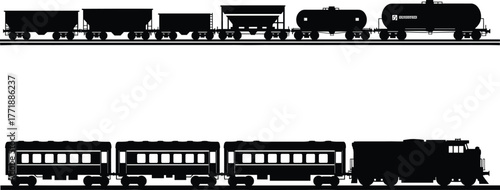 Black and white train silhouette vector illustration, vintage steam locomotive and cargo wagons on railway tracks, transportation industry concept, minimalist design artwork